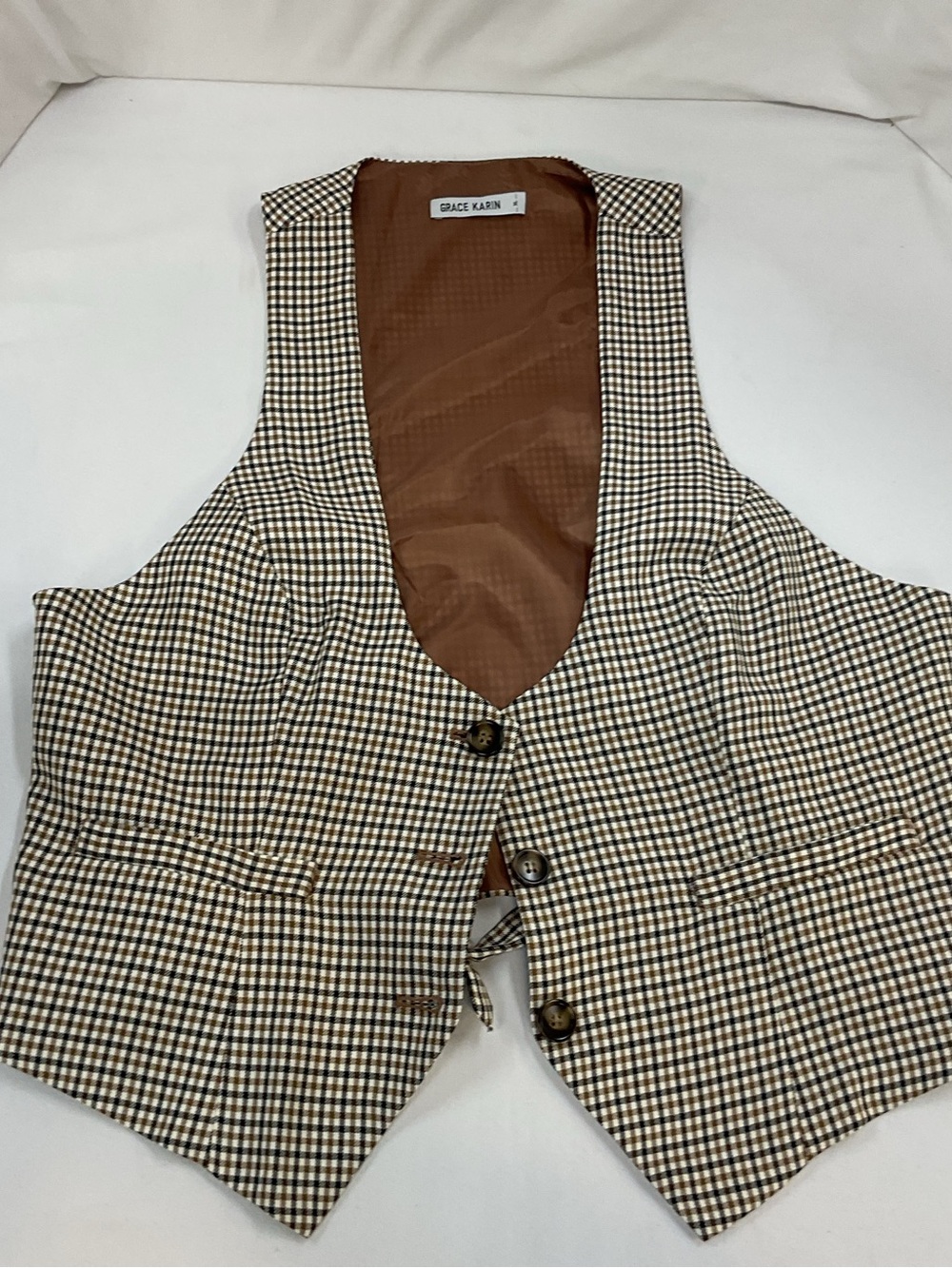 Grace Karin Brown Plaid 3 Button Adjustable Vest Size XL